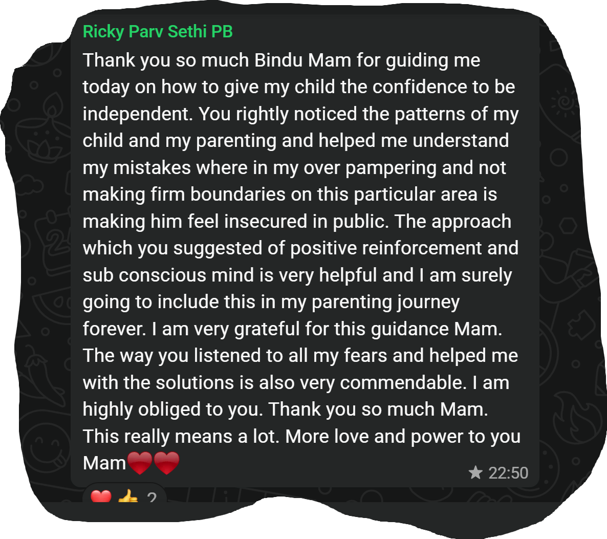 WhatsApp message from parent Ricky Sethi thanking Bindu Batra