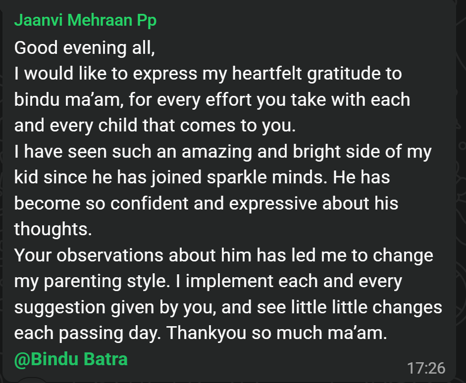 WhatsApp message from parent Jaanvi Mehraan praising Bindu Batra
