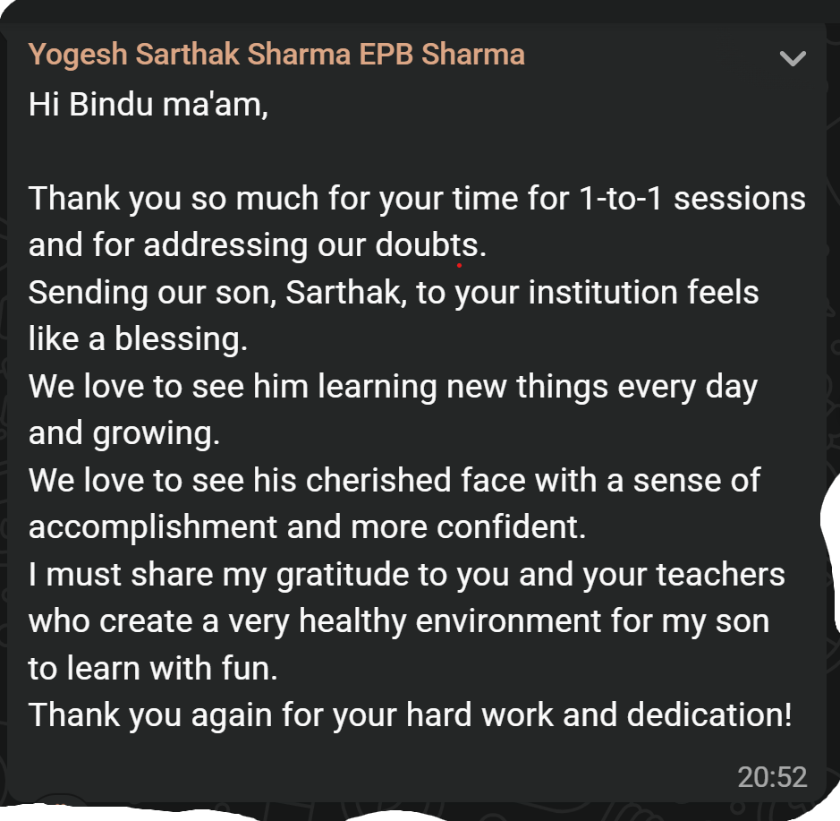WhatsApp message from parent Yogesh Sharma thanking Bindu Batra